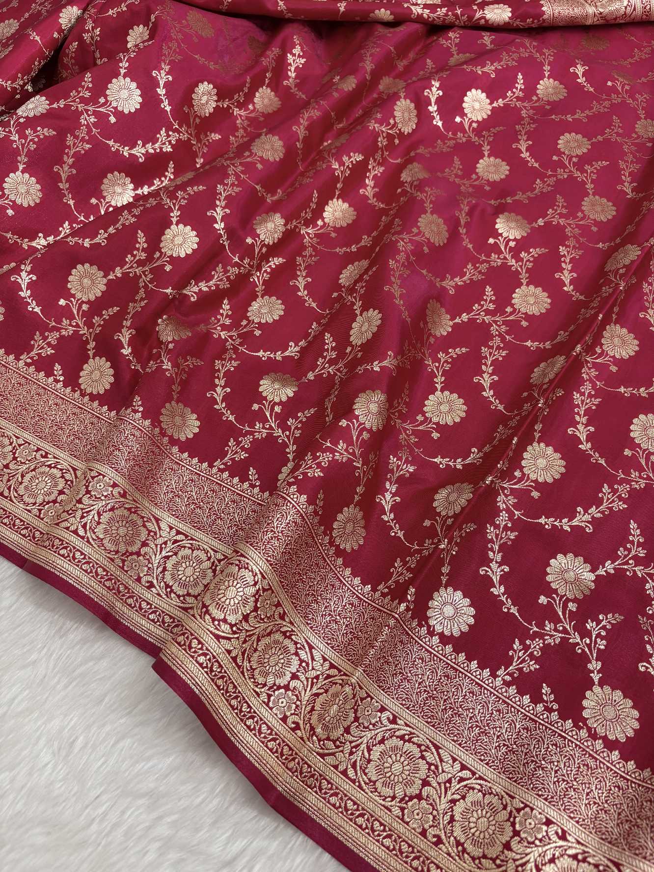 Rani Pink Satin Silk Banarasi Saree with Golden Zari Floral Bel Jaal