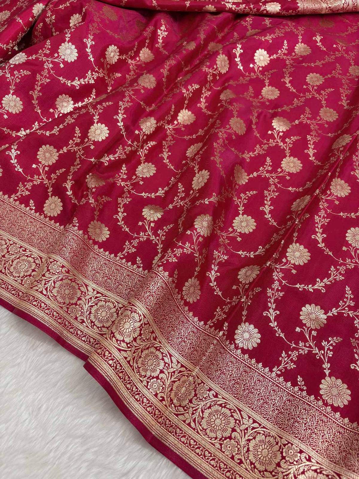 Rani Pink Satin Silk Banarasi Saree with Golden Zari Floral Bel Jaal