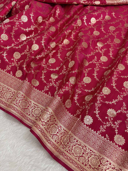 Rani Pink Satin Silk Banarasi Saree with Golden Zari Floral Bel Jaal