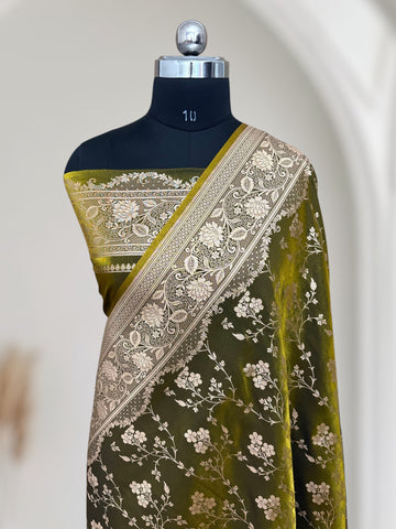 Mehdi Green Satin Silk Banarasi Saree with Jaal Pattern