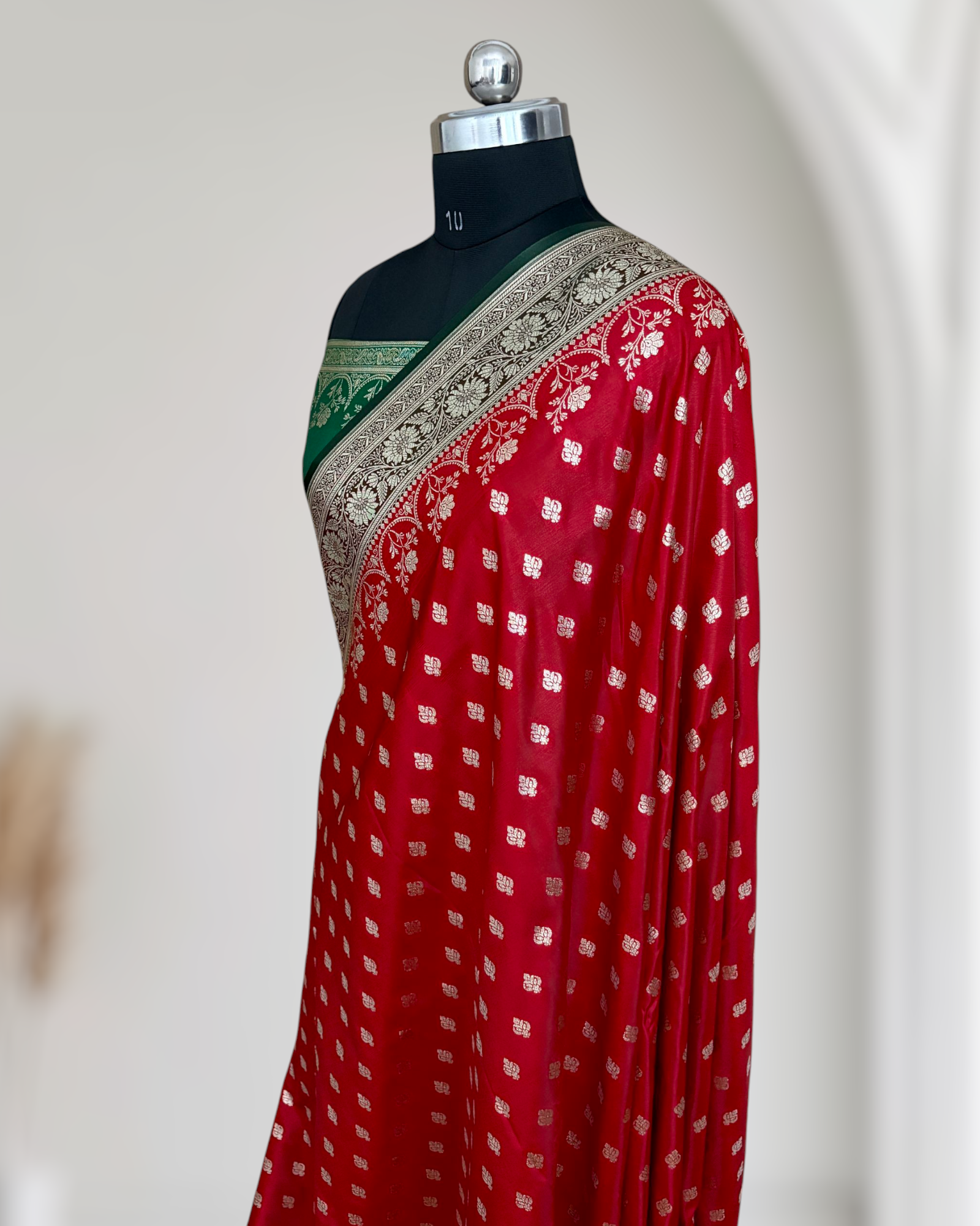 Red with Green Pallu & Border Satin Silk Banarasi Saree