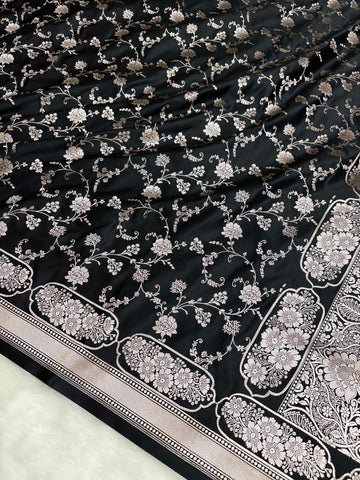 Black Soft Kataan Silk Banarasi Saree With Silver Zari