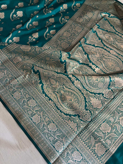 Rama Green Fancy Satin Silk Banarasi Saree – Tircha Jaal