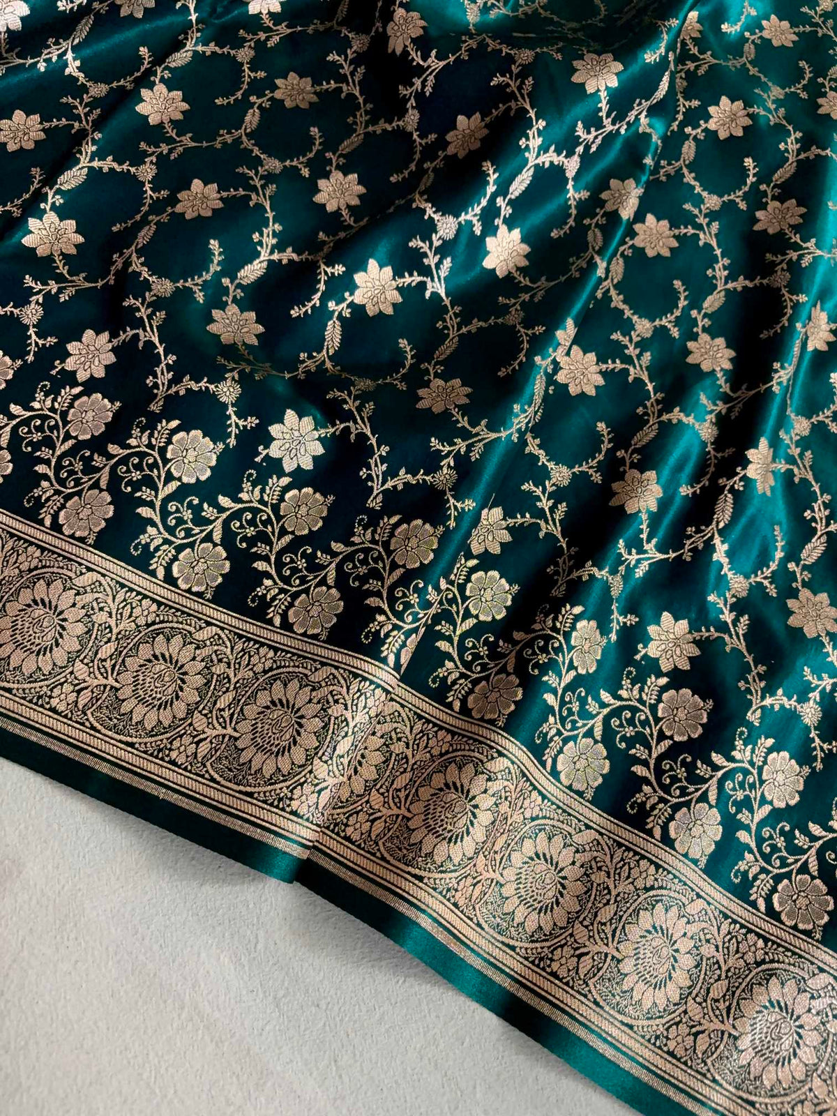 Teal Green Silk Banarasi Saree Floral Swarna Latika Jaal
