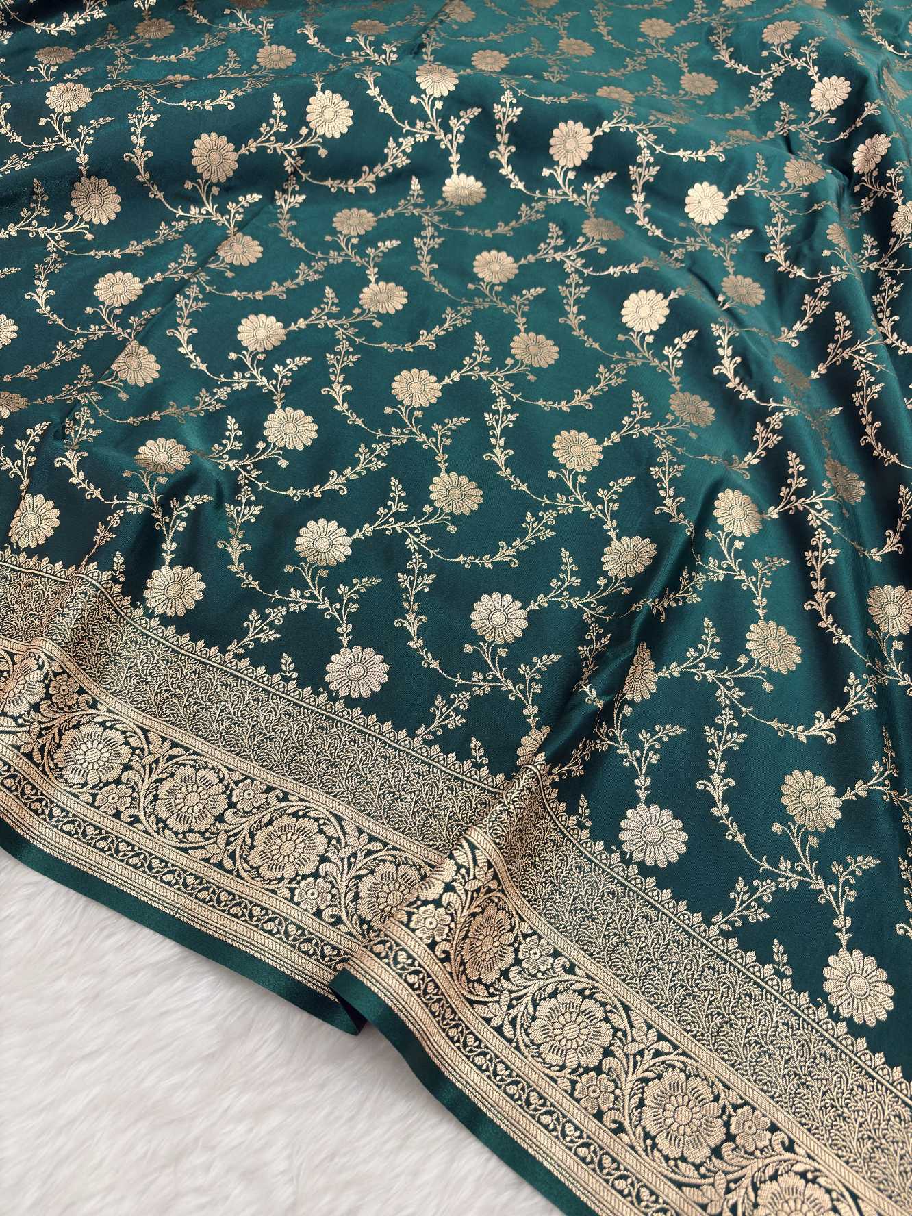 Teal Green Satin Silk Banarasi Saree with Golden Zari Floral Bel Jaal