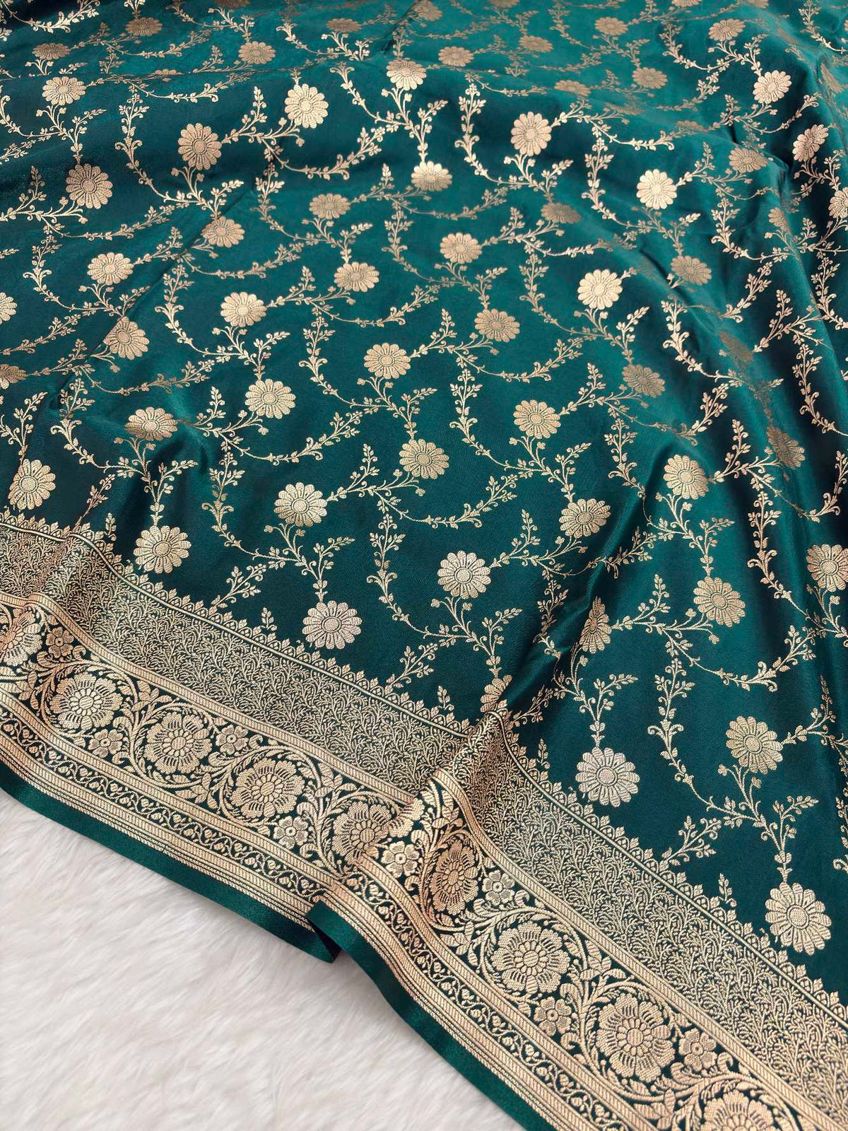 Teal Green Satin Silk Banarasi Saree with Golden Zari Floral Bel Jaal