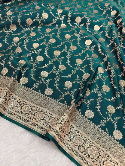 Teal Green Satin Silk Banarasi Saree with Golden Zari Floral Bel Jaal