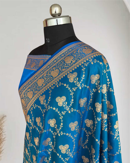Satin Silk Saree Banarasi Jaal in Firozi Shades
