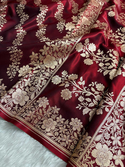 Laheriya Jaal Satin Silk Banarasi Saree Dark Maroon Shades