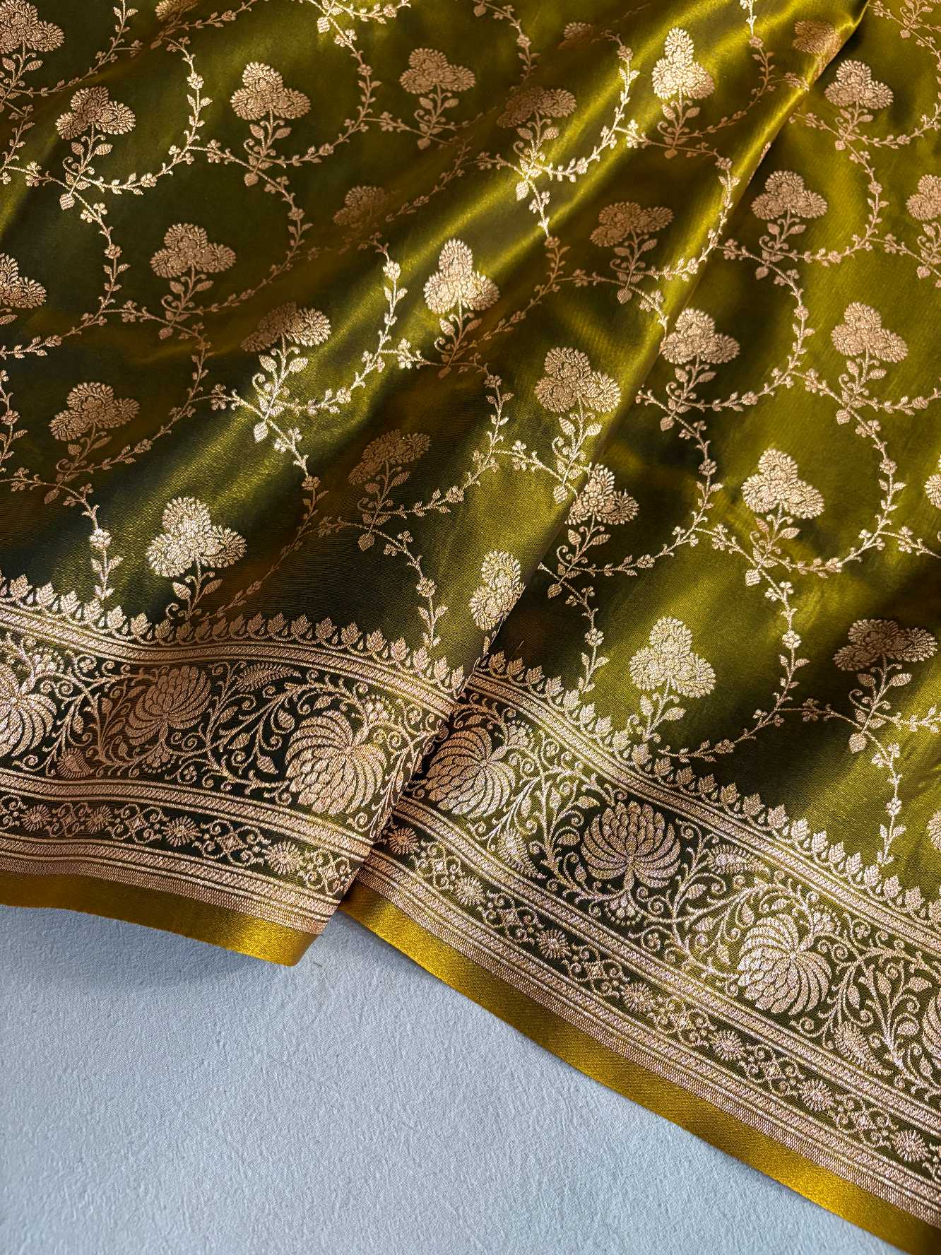 Satin Silk Saree Banarasi Jaal in Mehdi Shades