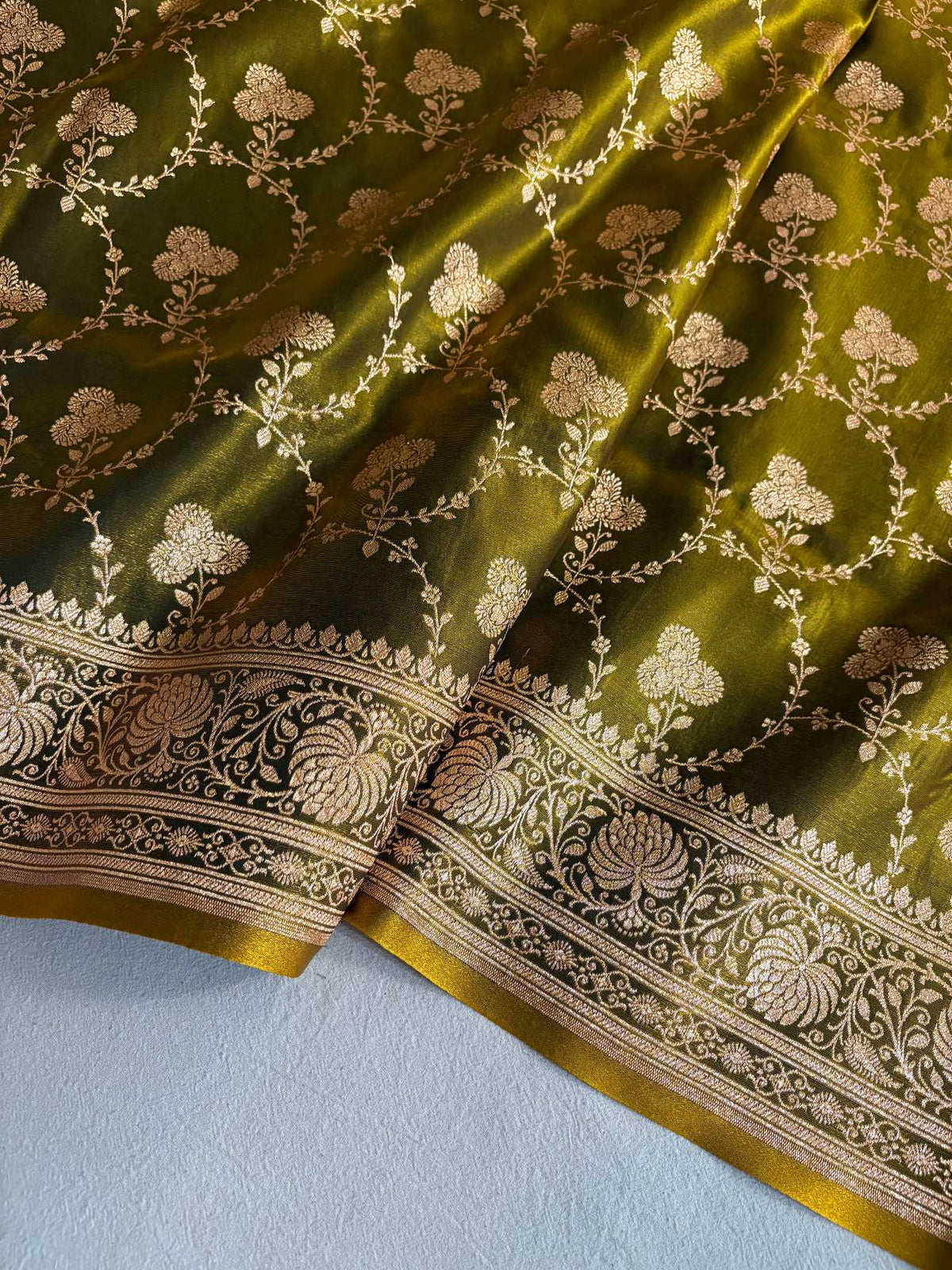 Satin Silk Saree Banarasi Jaal in Mehdi Shades