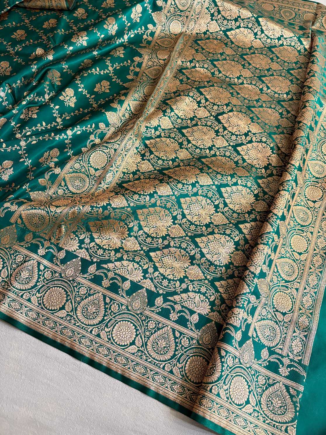 Rama Green Bel Jaal Satin Silk Banarasi Saree