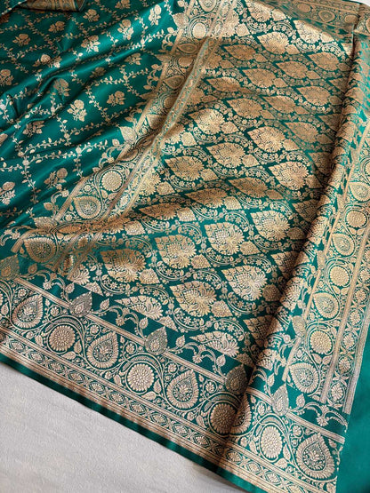Rama Green Bel Jaal Satin Silk Banarasi Saree