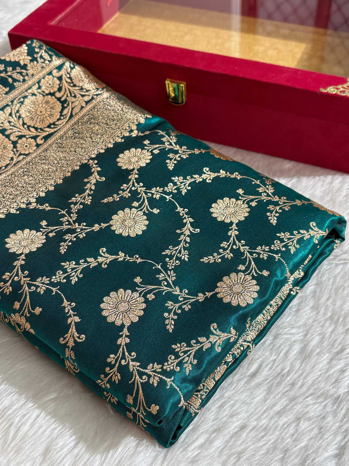 Teal Green Satin Silk Banarasi Saree with Golden Zari Floral Bel Jaal