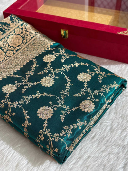Teal Green Satin Silk Banarasi Saree with Golden Zari Floral Bel Jaal