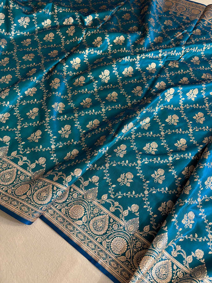 Blue-Green Bel Jaal Satin Silk Banarasi Saree