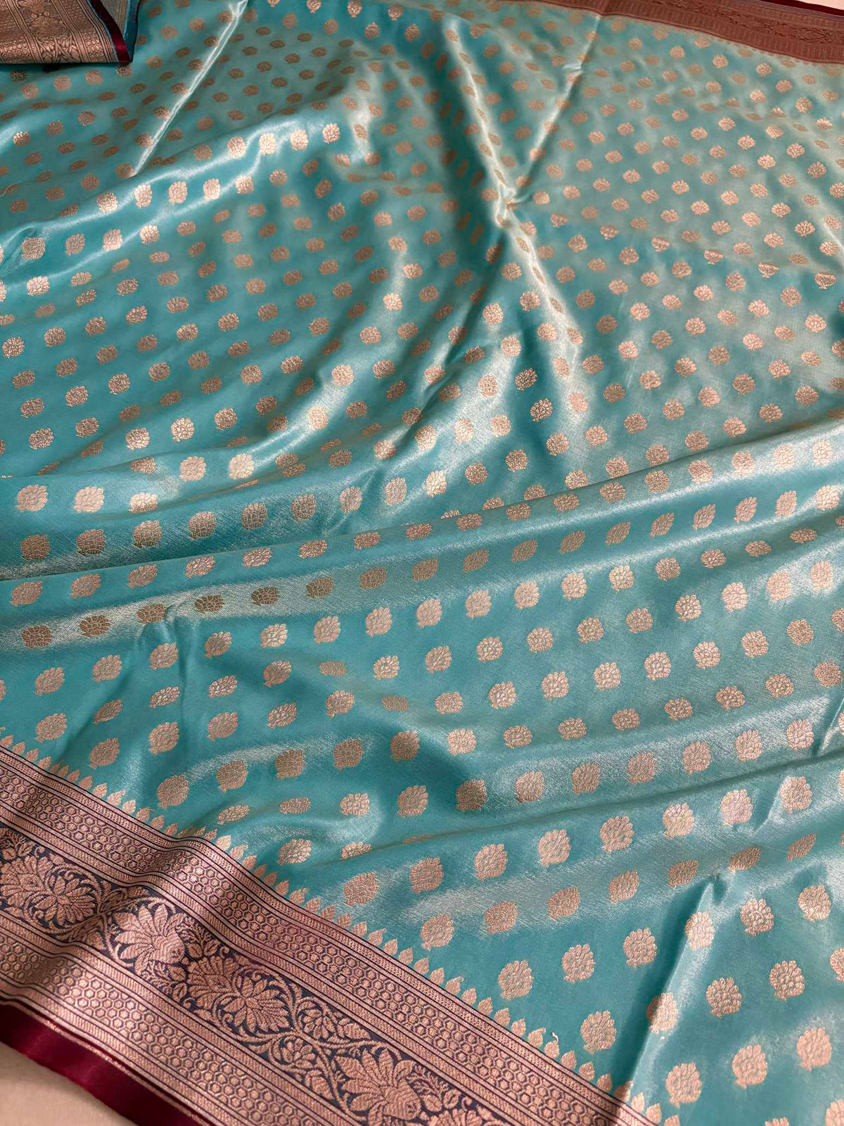 Light Firozi & Maroon Motif Satin Silk Banarasi Saree