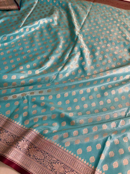 Light Firozi & Maroon Motif Satin Silk Banarasi Saree