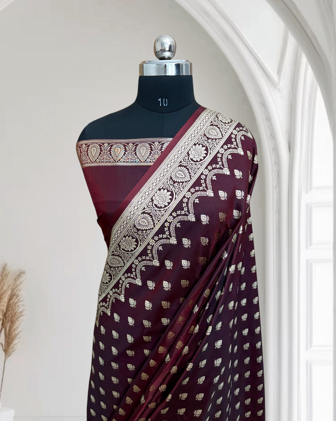 Dark Maroon Satin Silk Banarasi Saree