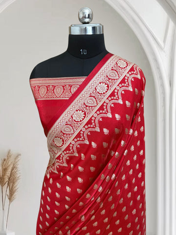 Red Satin Silk Banarasi Saree Motif Buti
