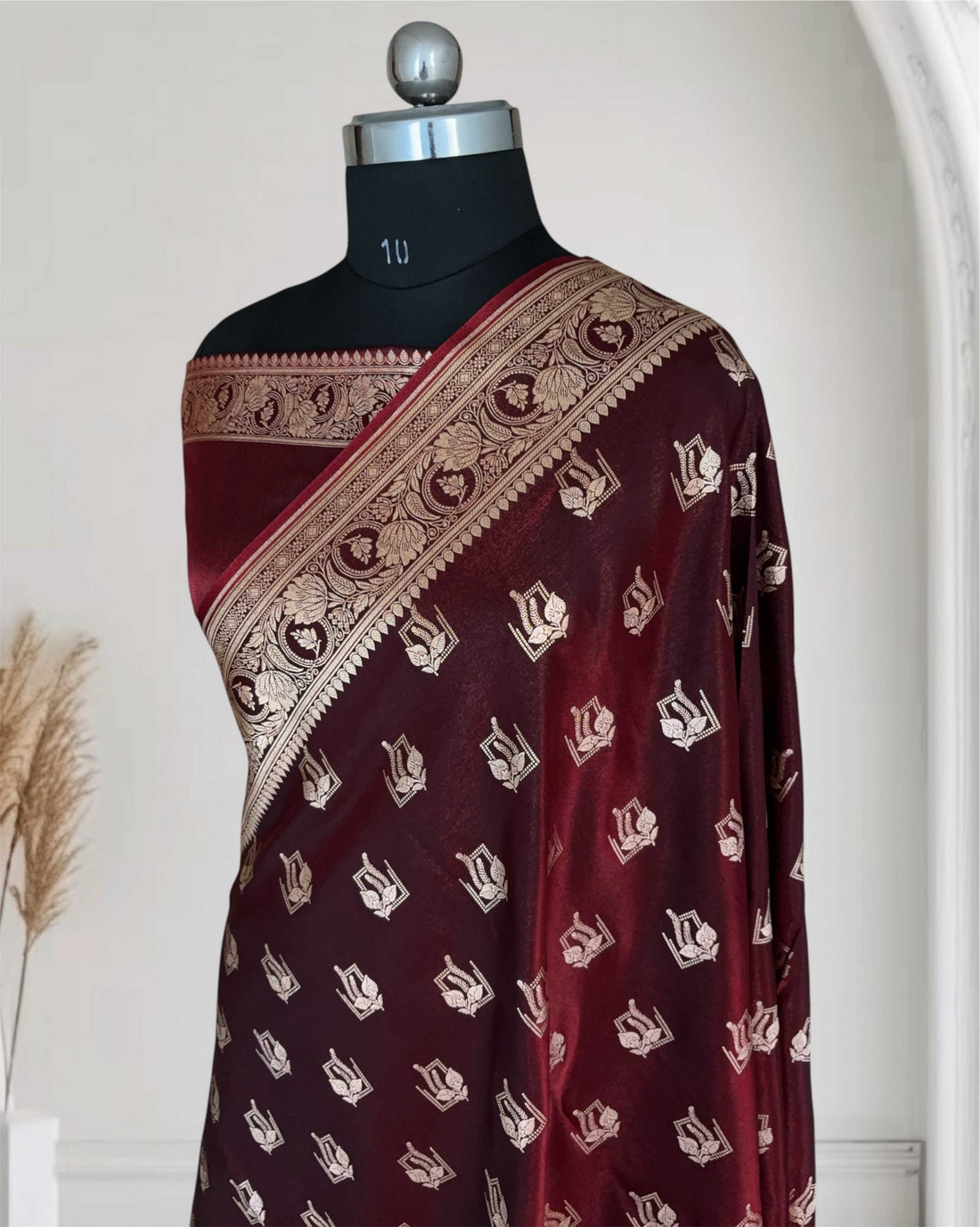 Dark Maroon Satin Silk Saree Banarasi Motif