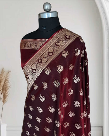 Dark Maroon Satin Silk Saree Banarasi Motif