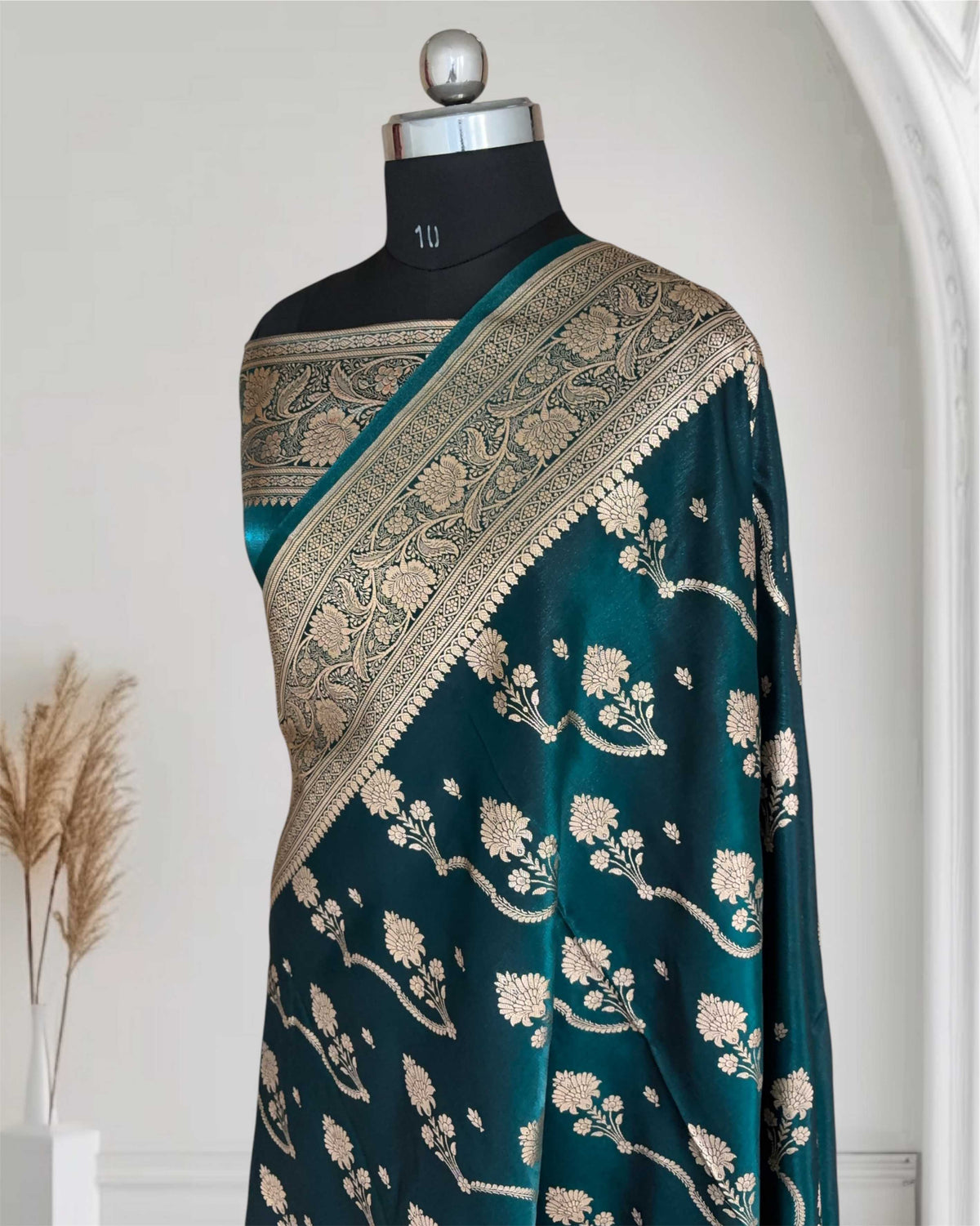 Teal Fancy Satin Silk Banarasi Saree – Tircha Jaal
