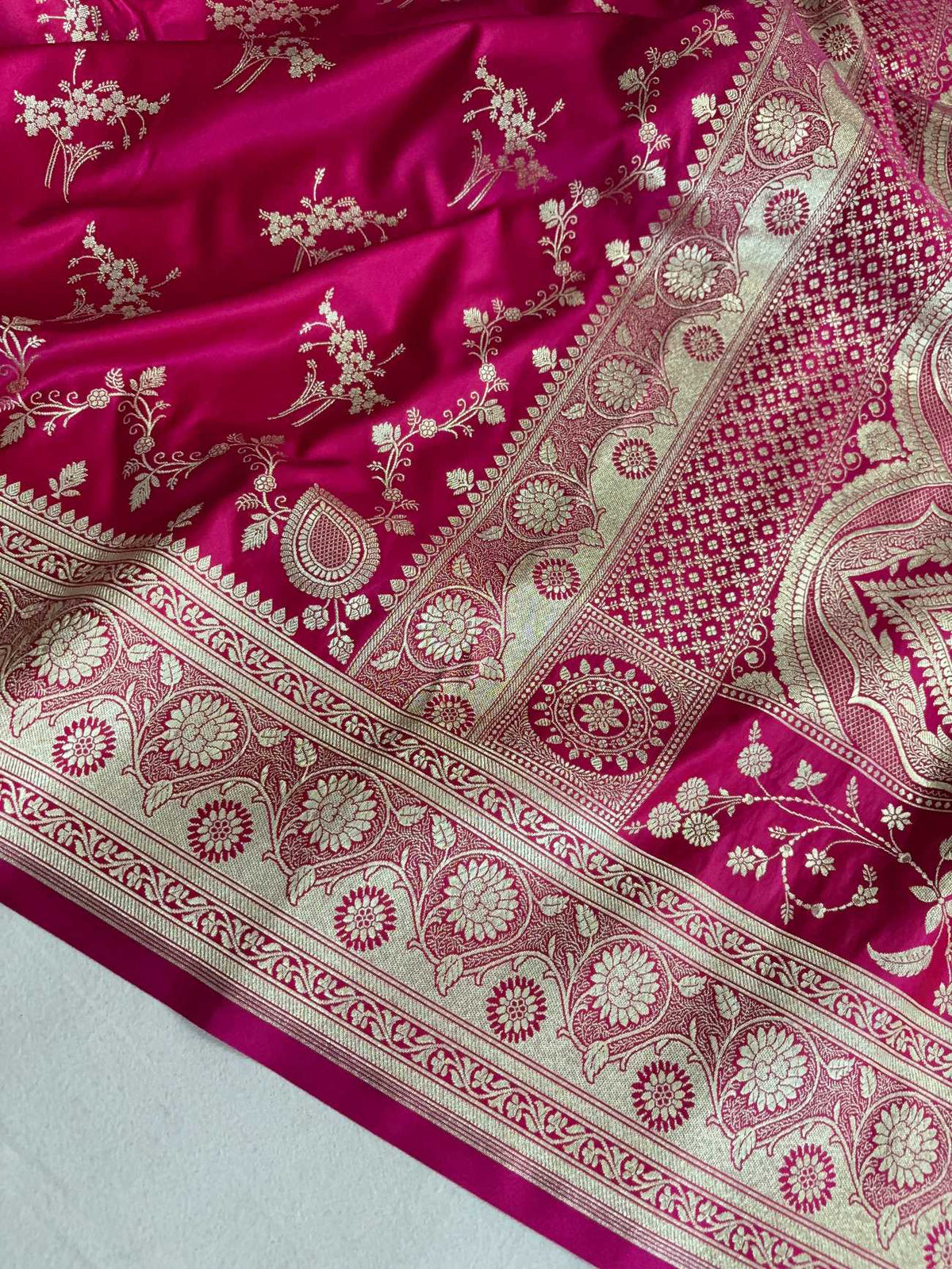 Rani Pink Soft Kataan Silk Banarasi Saree Light Gold Work