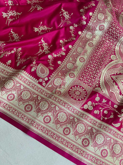 Rani Pink Soft Kataan Silk Banarasi Saree Light Gold Work