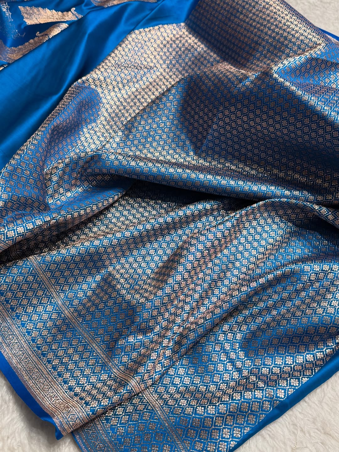 Royal Blue Kataan Silk Banarasi Saree – Light Golden Zari Buti