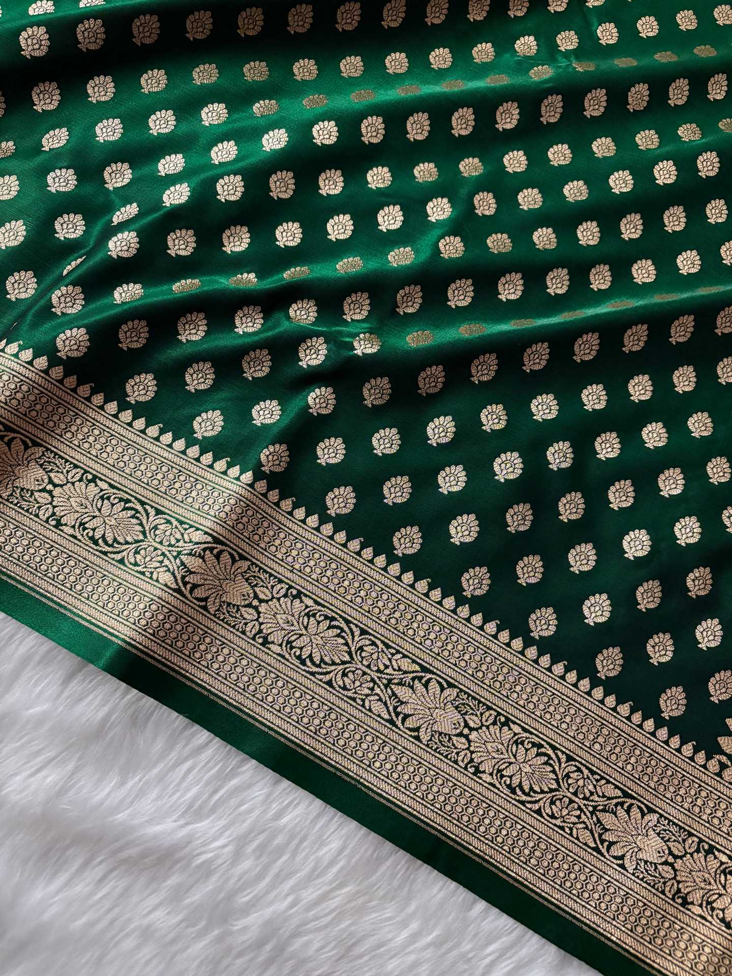 Dark Green Satin Silk Banarasi Motif Saree