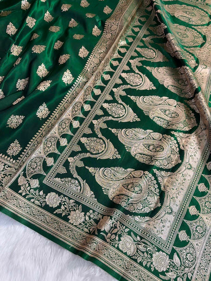 Dark Green Shaded New Motif Satin Silk Banarasi Saree