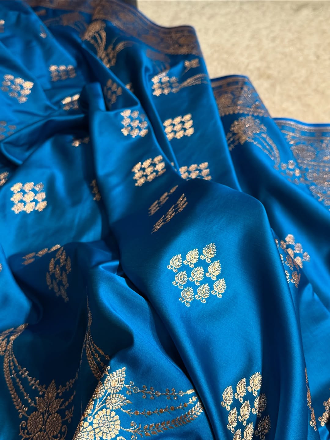 Royal Blue Kataan Silk Banarasi Saree – Light Golden Zari Buti