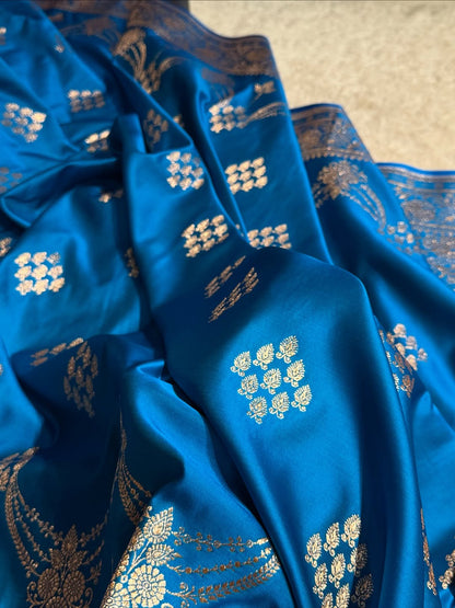 Royal Blue Kataan Silk Banarasi Saree – Light Golden Zari Buti