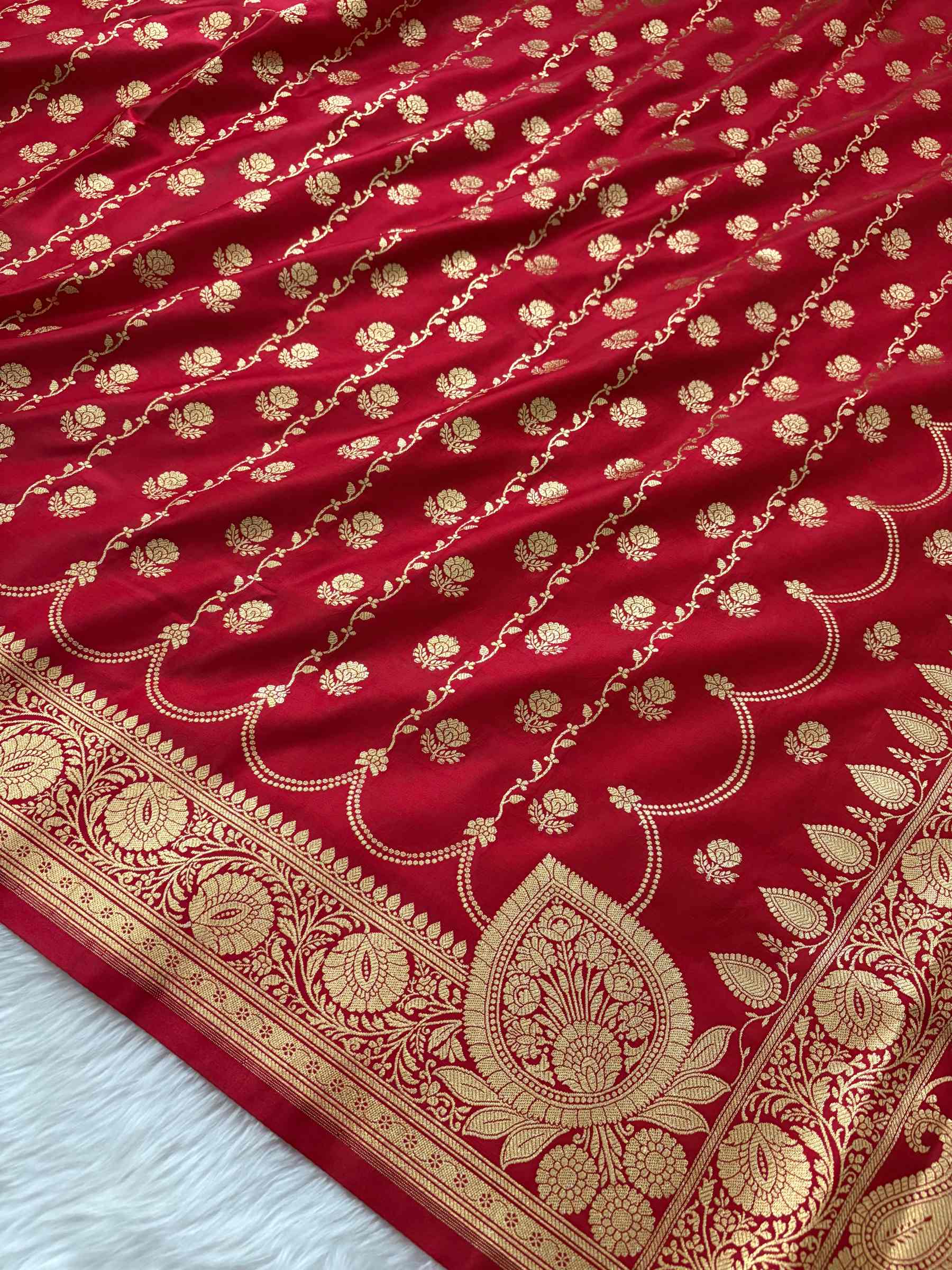 Red Araa Jaal Satin Silk Banarasi saree