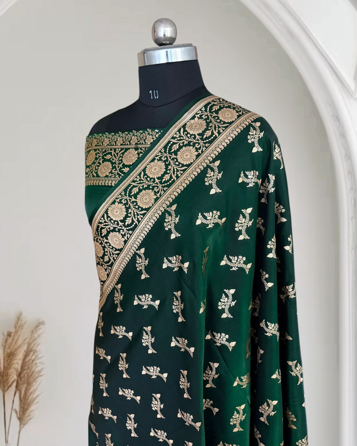 Dark Green Satin Silk Banarasi Fancy Motif Saree