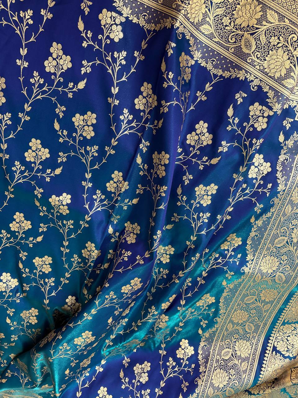 Blue with Green Shaded Dual Tone Satin Silk Banarasi Saree with Jaal Pattern