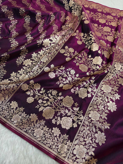 Laheriya Jaal Satin Silk Banarasi Saree Wine Shades