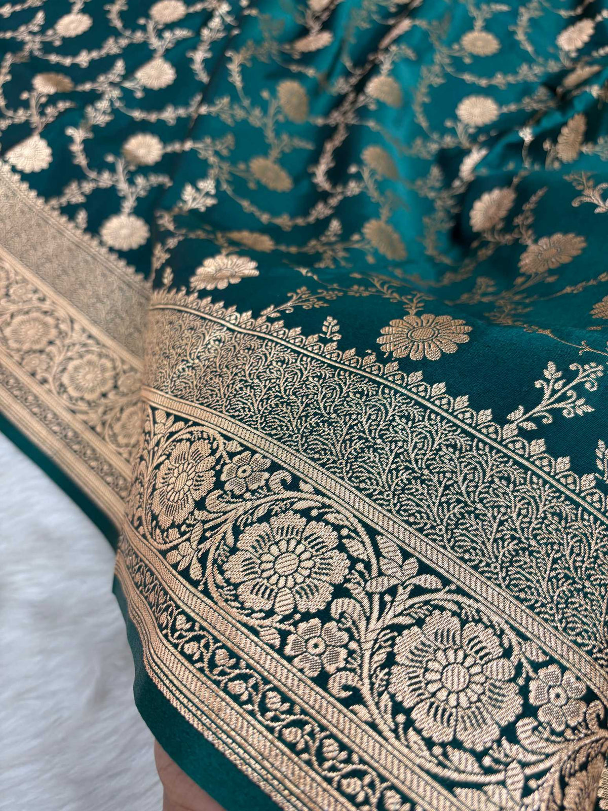 Teal Green Satin Silk Banarasi Saree with Golden Zari Floral Bel Jaal