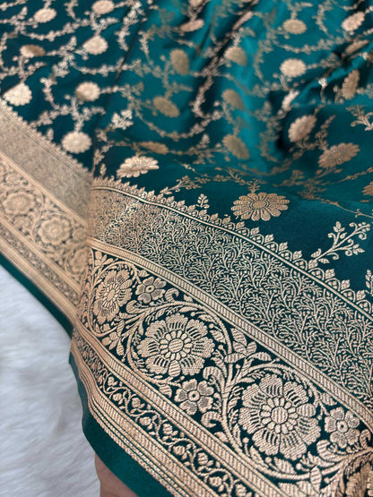 Teal Green Satin Silk Banarasi Saree with Golden Zari Floral Bel Jaal