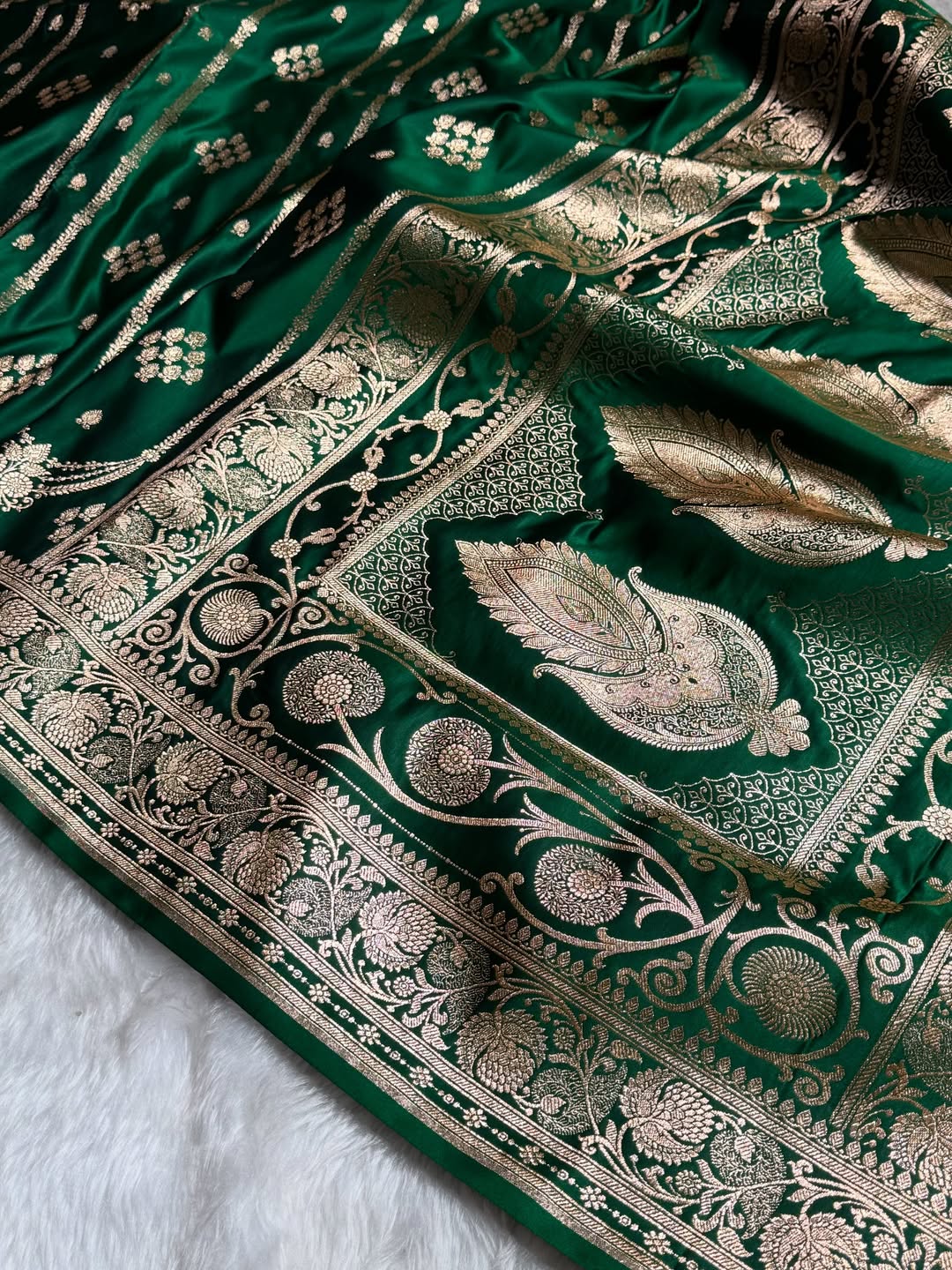 Bottle Green Kataan Silk Banarasi Saree – Golden Zari Buti
