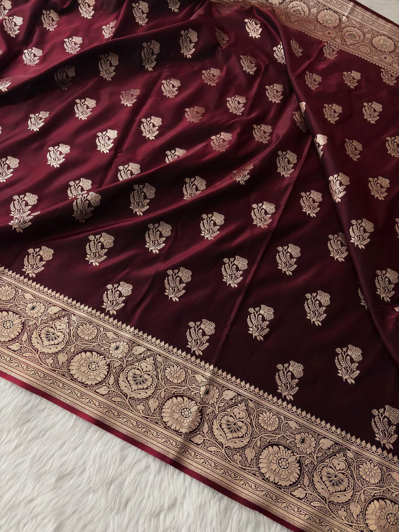 Dark Maroon Satin Silk Banarasi Fancy Motif Saree