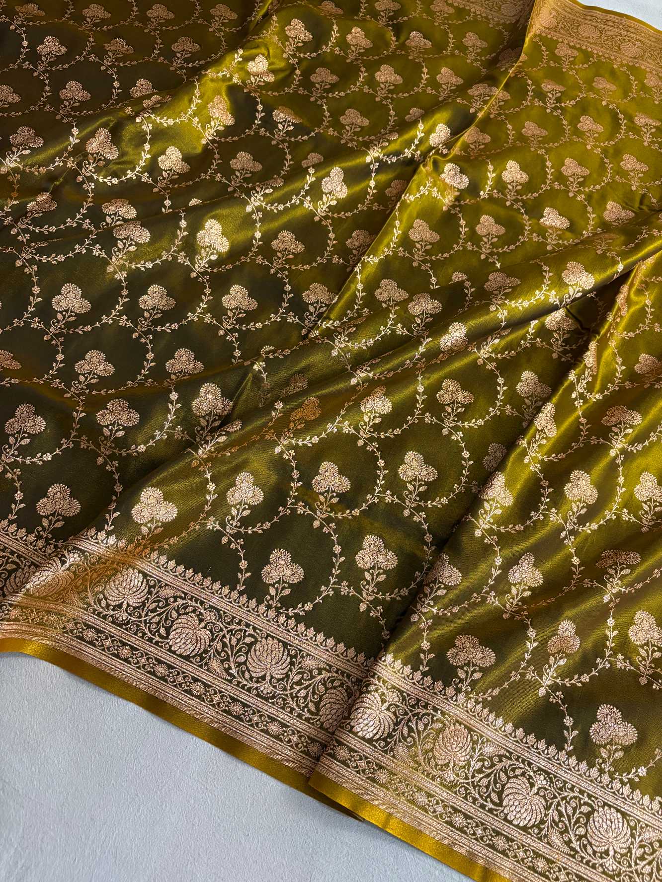 Satin Silk Saree Banarasi Jaal in Mehdi Shades