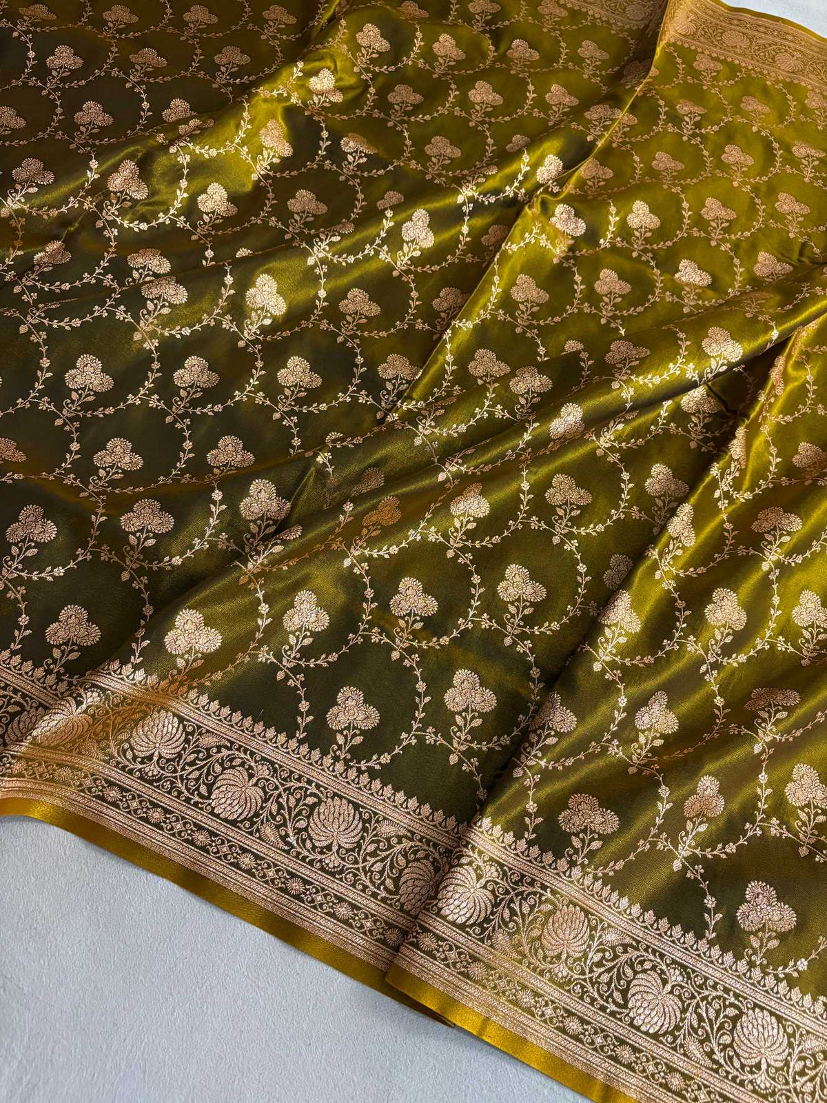 Satin Silk Saree Banarasi Jaal in Mehdi Shades