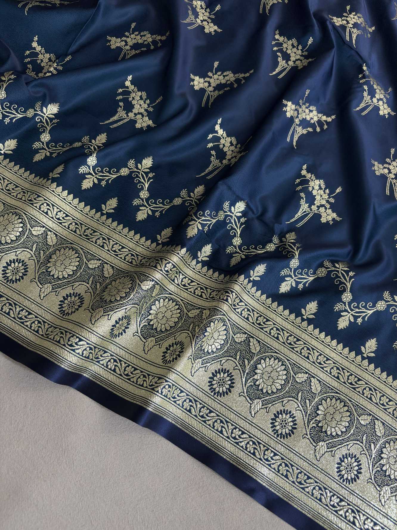 Neavy Blue Soft Kataan Silk Banarasi Saree Light Gold Work