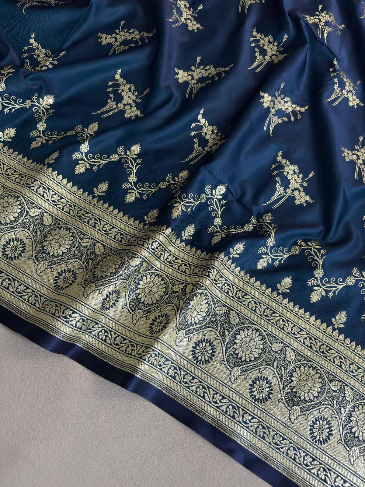 Neavy Blue Soft Kataan Silk Banarasi Saree Light Gold Work