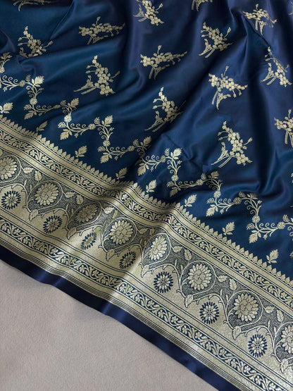 Neavy Blue Soft Kataan Silk Banarasi Saree Light Gold Work