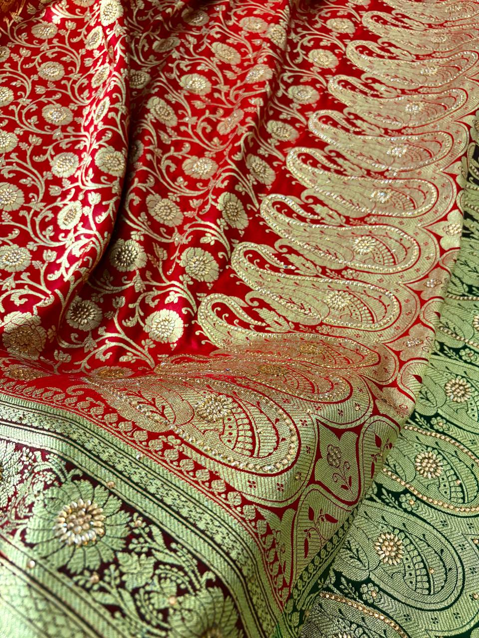 Red Saree with Green Pallu & Swarovski Work
