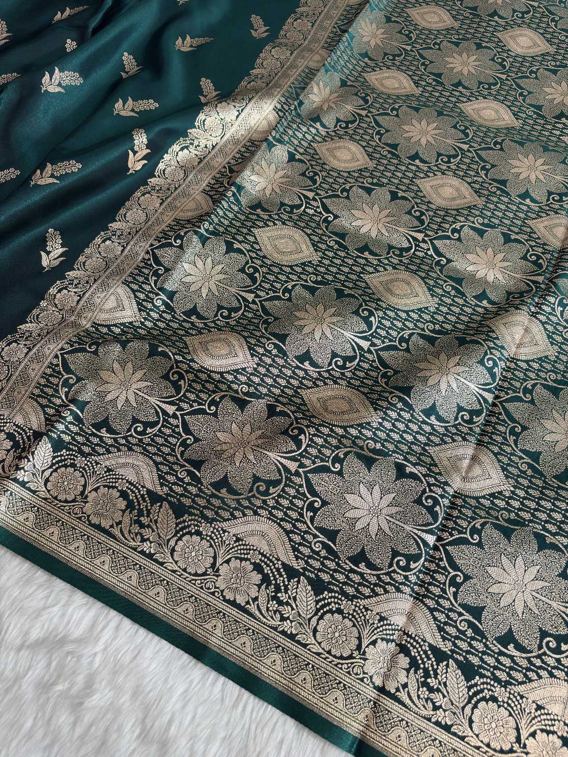 Phanki Motif Teal Green Satin Silk Banarasi Saree with Golden Zari