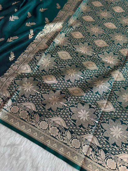 Phanki Motif Teal Green Satin Silk Banarasi Saree with Golden Zari